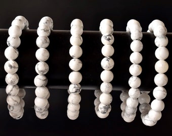 Howlite Bracelet Round Beaded Bracelet Healing Bracelet, Handmade Stretch Bracelet 4mm, 6mm, 8mm, 10mm, Howlite Gemstone Beads Bracelet
