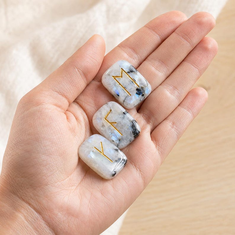 Rainbow Moonstone Rune Sets Elder Futhark Rune Set comes with black Velvet Pouch to Carry and Rune Card,Moonstones Runes,Rune Stone,Rune Set image 2