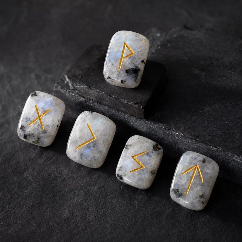 Rainbow Moonstone Rune Sets Elder Futhark Rune Set comes with black Velvet Pouch to Carry and Rune Card,Moonstones Runes,Rune Stone,Rune Set image 6