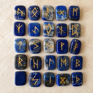 Lapis Lazuli Rune Sets Elder Futhrak Rune Set comes with black velvet pouch to carry and rune card image 1