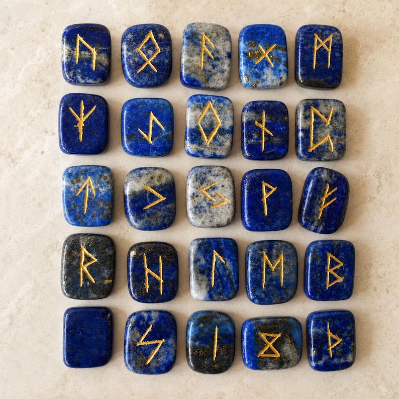 Lapis Lazuli Rune Sets Elder Futhrak Rune Set comes with black velvet pouch to carry and rune card image 1