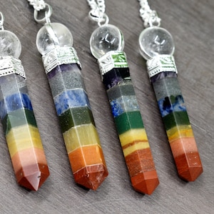 7 Chakra Crystal Bonded Pendulum, Natural Multi Color Gemstones With Quartz Ball, Wholesale Bulk Lots Polished Stones For Spiritual Healing