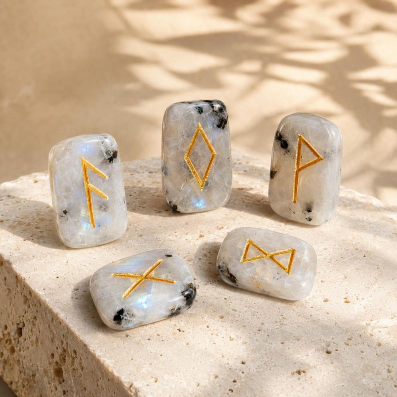 Rainbow Moonstone Rune Sets Elder Futhark Rune Set comes with black Velvet Pouch to Carry and Rune Card,Moonstones Runes,Rune Stone,Rune Set image 3