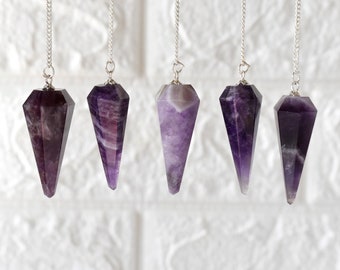 Amethyst Faceted Cone Pendulum Healing Crystal Pendulum, Crystal Amethyst Hexagon Pendulum With Chine, Amethyst Cone Necklace Pendulums