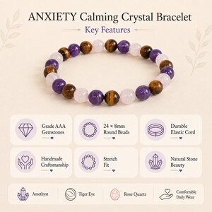 May include: A beaded bracelet featuring alternating round 8mm beads of purple amethyst, brown tiger eye, and pale pink rose quartz on an elastic cord. The image includes text: ANXIETY Calming Crystal Bracelet, Key Features, Grade AAA Gemstones, 24 x 8mm Round Beads, Durable Elastic Cord, Handmade Craftsmanship, Stretch Fit, Natural Stone Beauty, Amethyst, Tiger Eye, Rose Quartz, Comfortable Daily Wear.