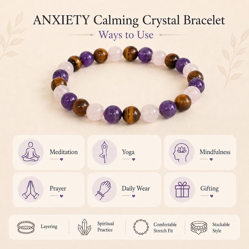 May include: A beaded bracelet featuring alternating round purple, brown, and pale pink stones. The image includes the text ANXIETY Calming Crystal Bracelet Ways to Use, along with icons and labels for meditation, yoga, mindfulness, prayer, daily wear, and gifting.