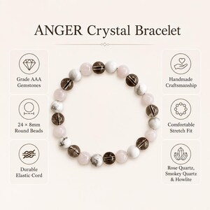Puede incluir: Una pulsera de cristal ANGER con 24 cuentas redondas de 8 mm hechas de cuarzo rosa, cuarzo ahumado y howlita. Las cuentas est&aacute;n dispuestas en un patr&oacute;n circular sobre un cord&oacute;n el&aacute;stico duradero, mostrando una mezcla de tonos blancos, rosa p&aacute;lido y marr&oacute;n oscuro.
