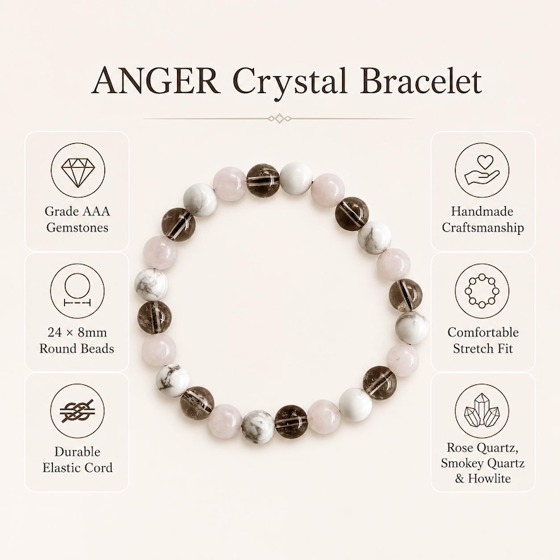 Puede incluir: Una pulsera de cristal ANGER con 24 cuentas redondas de 8 mm hechas de cuarzo rosa, cuarzo ahumado y howlita. Las cuentas est&aacute;n dispuestas en un patr&oacute;n circular sobre un cord&oacute;n el&aacute;stico duradero, mostrando una mezcla de tonos blancos, rosa p&aacute;lido y marr&oacute;n oscuro.