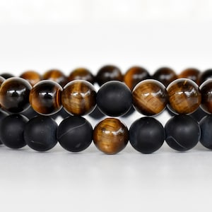 Tiger Eye Black Onyx Matt Couples Bracelets, Matching Matte Crystals Set for Anniversary Gift & Valentine Gift, Birthday Present Him and Her