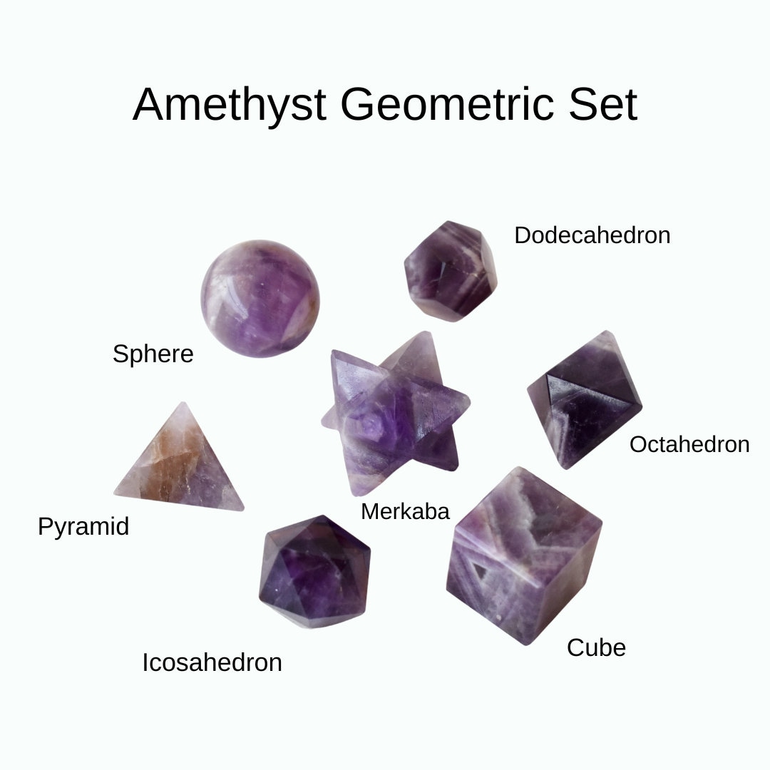 7 pcs Amethyst Platonic Solids Sacred Geometric Set Crystal Geometry Set