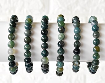 Moss Agate Bracelet Round Bead Bracelet, Gemstone Bracelet 4mm, 6mm, 8mm, 10mm Green Moss Agate Beaded Bracelet Handmade Stretch Bracelet