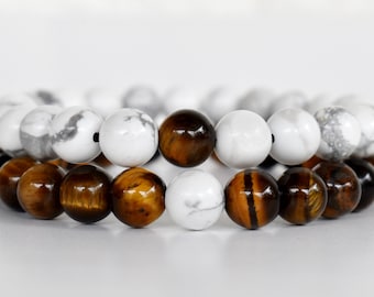 Tiger Eye & Howlite Couple Bracelets, Harmonizing Energy Bands,Long Distance Bracelets, Valentine Gift for Him|Birthday Gift for Her and Him