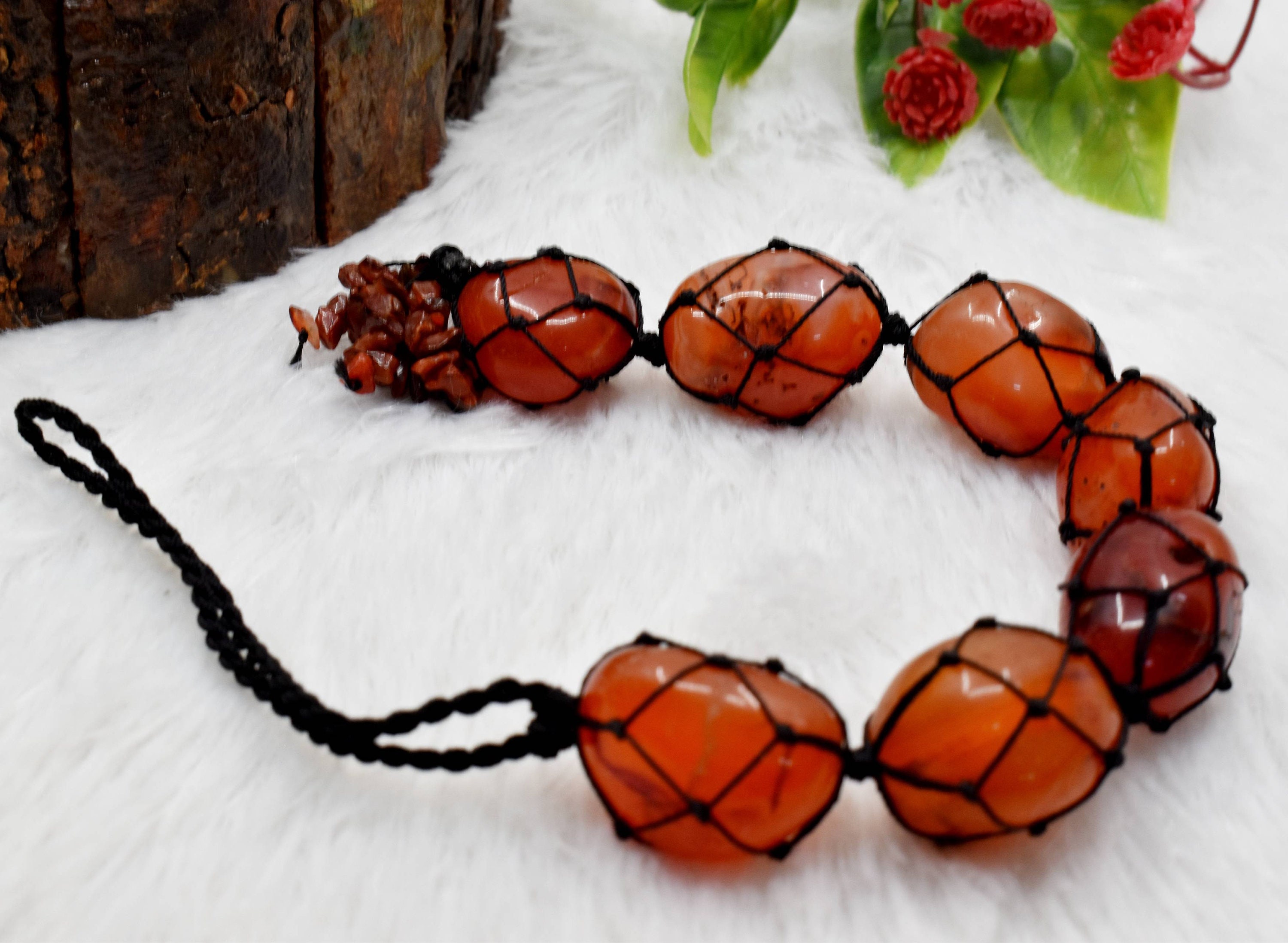 Carnelian Tumbled Stone Car Hangers, Genuine Orange Polished Gemstones With Chips Tassel, Wholesale Bulk Lots Real Crystal Hanging Ornaments