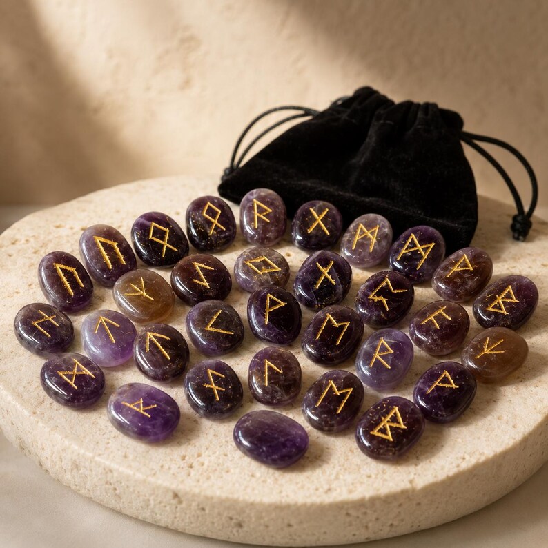 Amethyst Rune Sets Elder Futhark Rune Set Edelsteen Runenset wordt geleverd met zwart fluwelen zakje, houten roosterplaat met kristallen runen edelstenen afbeelding 3