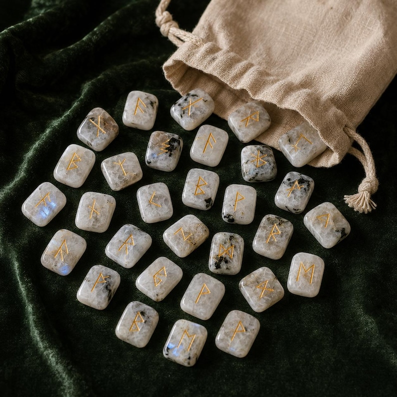 Rainbow Moonstone Rune Sets Elder Futhark Rune Set comes with black Velvet Pouch to Carry and Rune Card,Moonstones Runes,Rune Stone,Rune Set image 7