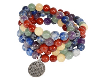 Pulseira Mala de 7 contas de chakra, colar de 108 contas de oração, colar de cristal de chakra Mala 108 contas, pulseira de contas Mala de pulso, ioga energizada