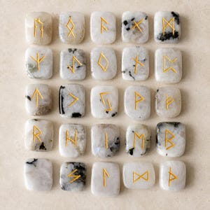 Rainbow Moonstone Rune Sets Elder Futhark Rune Set comes with black Velvet Pouch to Carry and Rune Card,Moonstones Runes,Rune Stone,Rune Set image 1