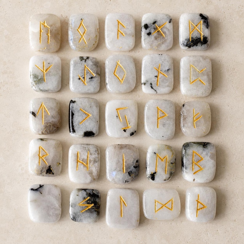 Rainbow Moonstone Rune Sets Elder Futhark Rune Set comes with black Velvet Pouch to Carry and Rune Card,Moonstones Runes,Rune Stone,Rune Set image 1