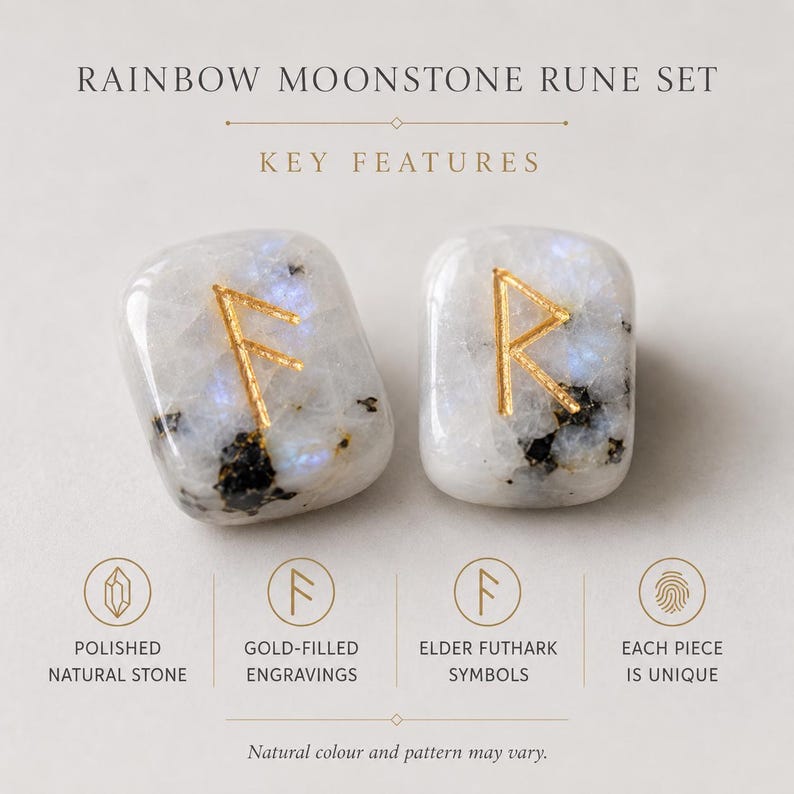 Rainbow Moonstone Rune Sets Elder Futhark Rune Set comes with black Velvet Pouch to Carry and Rune Card,Moonstones Runes,Rune Stone,Rune Set image 9