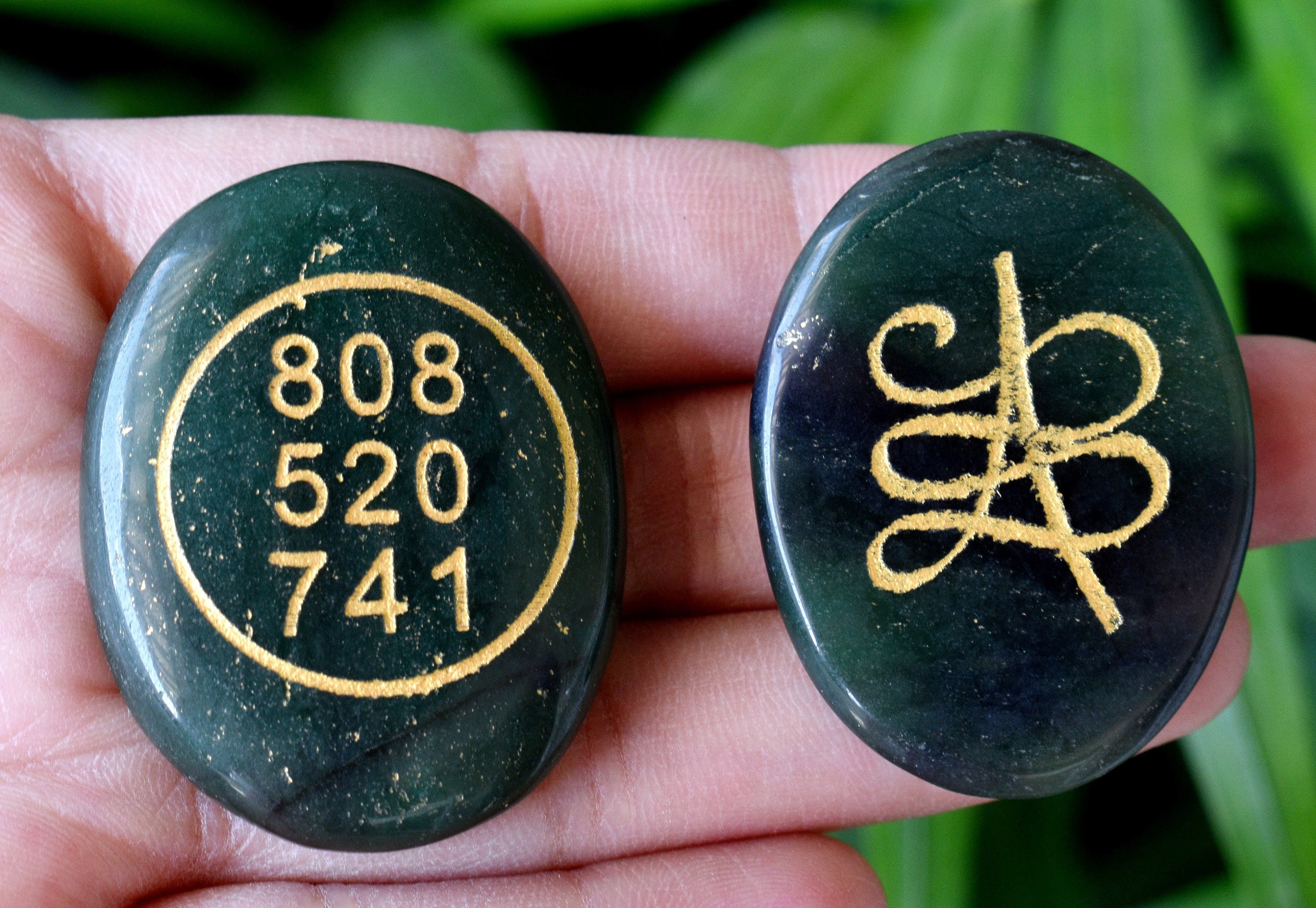 Natural Oval Crystal Green Jade, Engraved With Zibu Symbol