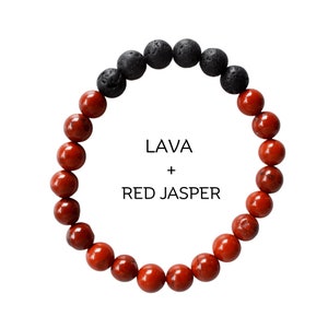 Può includere: Un braccialetto fatto di perline di diaspro rosso e lava nera. Il braccialetto ha un totale di 18 perline, con 9 perline di diaspro rosso e 9 perline di lava nera. Il braccialetto è fatto di pietre naturali ed è progettato per essere indossato al polso.
