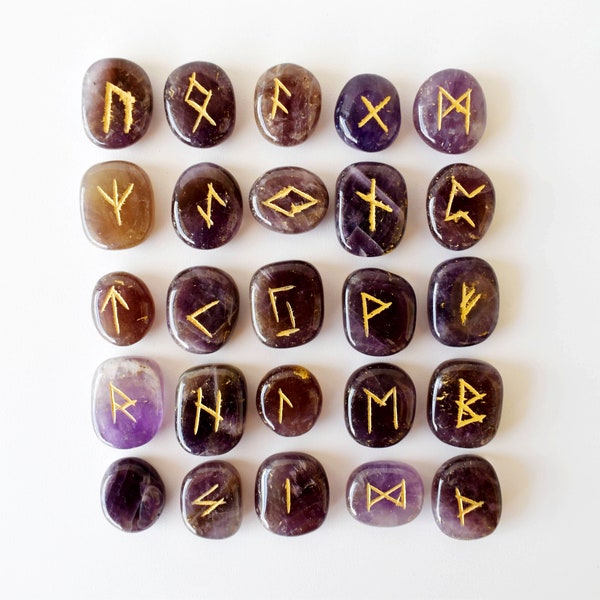 Amethyst Rune Sets Elder Futhark Rune Set Gemstone Runic Set comes with black velvet pouch, Wooden Grid Plate With Crystal Runes Gemstones