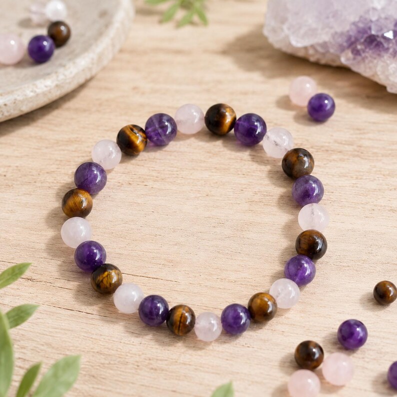May include: A beaded bracelet featuring a repeating pattern of round, polished gemstones in shades of deep purple amethyst, golden-brown tiger's eye, and pale translucent rose quartz, arranged in a circular formation on a light wooden surface.