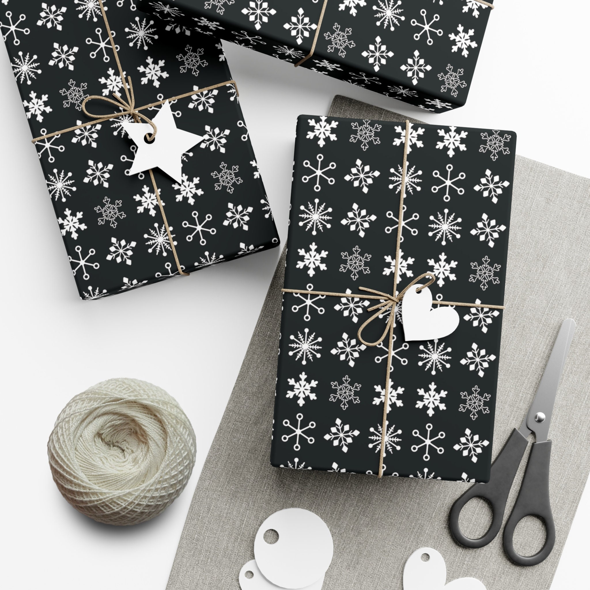 Black and Gold Snow Wrapping Paper Unique Winter Snowflake Gift