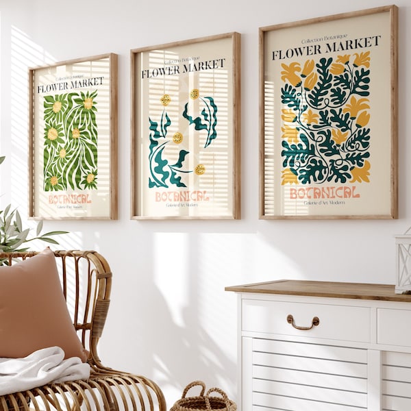 Bloemenmarkt Print, Set van 3 Botanische Wall Art, Floral Decor Deense Pastelkleur Posters, Vintage Tentoonstelling Mid Century Modern Art Prints