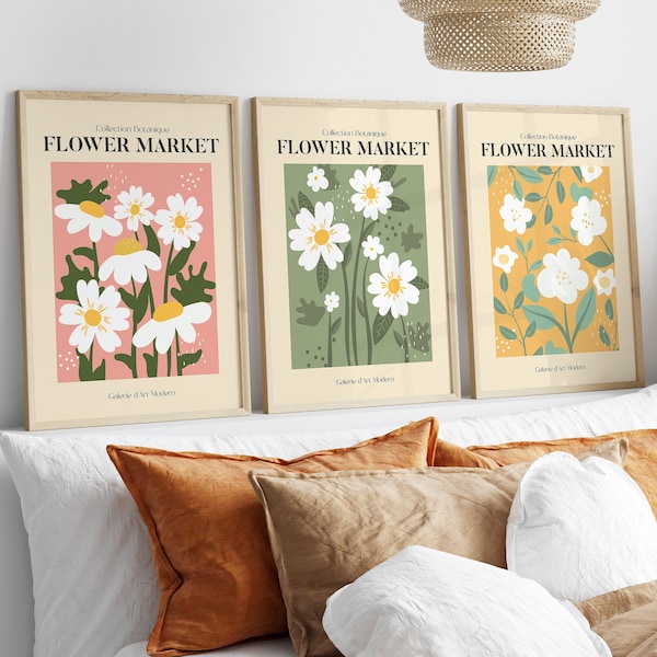 Blumenmarkt Print, 3er Set Botanische Wandkunst, Blumendekor dänisch Pastellfarben Poster, Vintage Ausstellung Mid Century Modern Art Prints