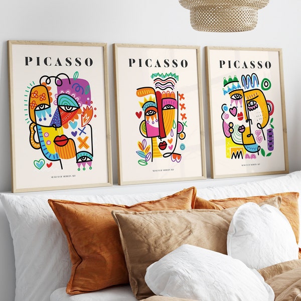 Set of 3 Picasso Exhibition Wall Art Print, Neutral Beige Abstract Vintage Minimalist Gift Idea, Famous Artist Print,Gallery Wall Home Decor