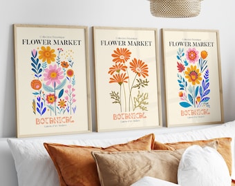 Flower Market Print, Set of 3 Botanical Wall Art, Floral Decor Danish Pastel Colour Posters,Vintage Exhibition Mid Century Modern Art Prints