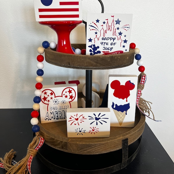 Disney Patriotic Tiered Tray Decor|4th of July| Memorial Day| Labor Day| USA| mini signs| beaded garland| red white and blue|