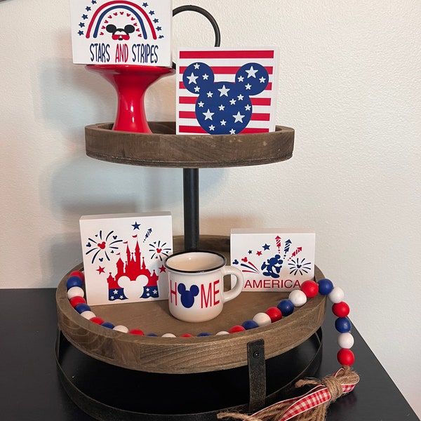 Disney Patriotic Tiered Tray Decor|4th of July| Memorial Day| Labor Day| USA| signs| beaded garland| red white and blue| fireworks| mini mug