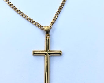 Mens 24k Gold Cross Chain, Gold Cuban Chain Cross Pendant, Cross Necklace Men, Gold Chain Necklace, Mens Gold Necklace, Cuban Link Chain