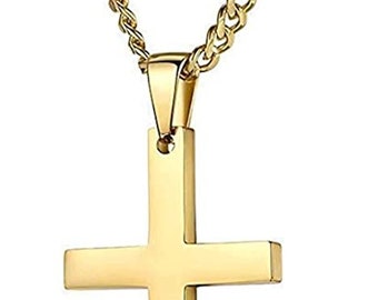 Gold Cross Curb Chain Everyday Necklace 24k Cross Catholic Crucifix Gift for Men Husband Father