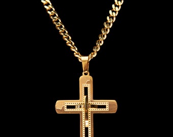 Mens 24k Gold Cross Chain, Gold Cuban Chain Cross Pendant, Mens Cross Necklace, Gold Chain Necklace, Mens Gold Necklace, Cuban Link Chain