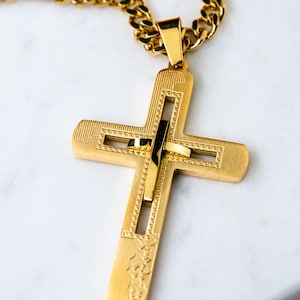 Mens 24k Gold Cross Chain, Gold Cuban Chain Cross Pendant, Mens Cross Necklace, Gold Chain Necklace, Mens Gold Necklace, Cuban Link Chain