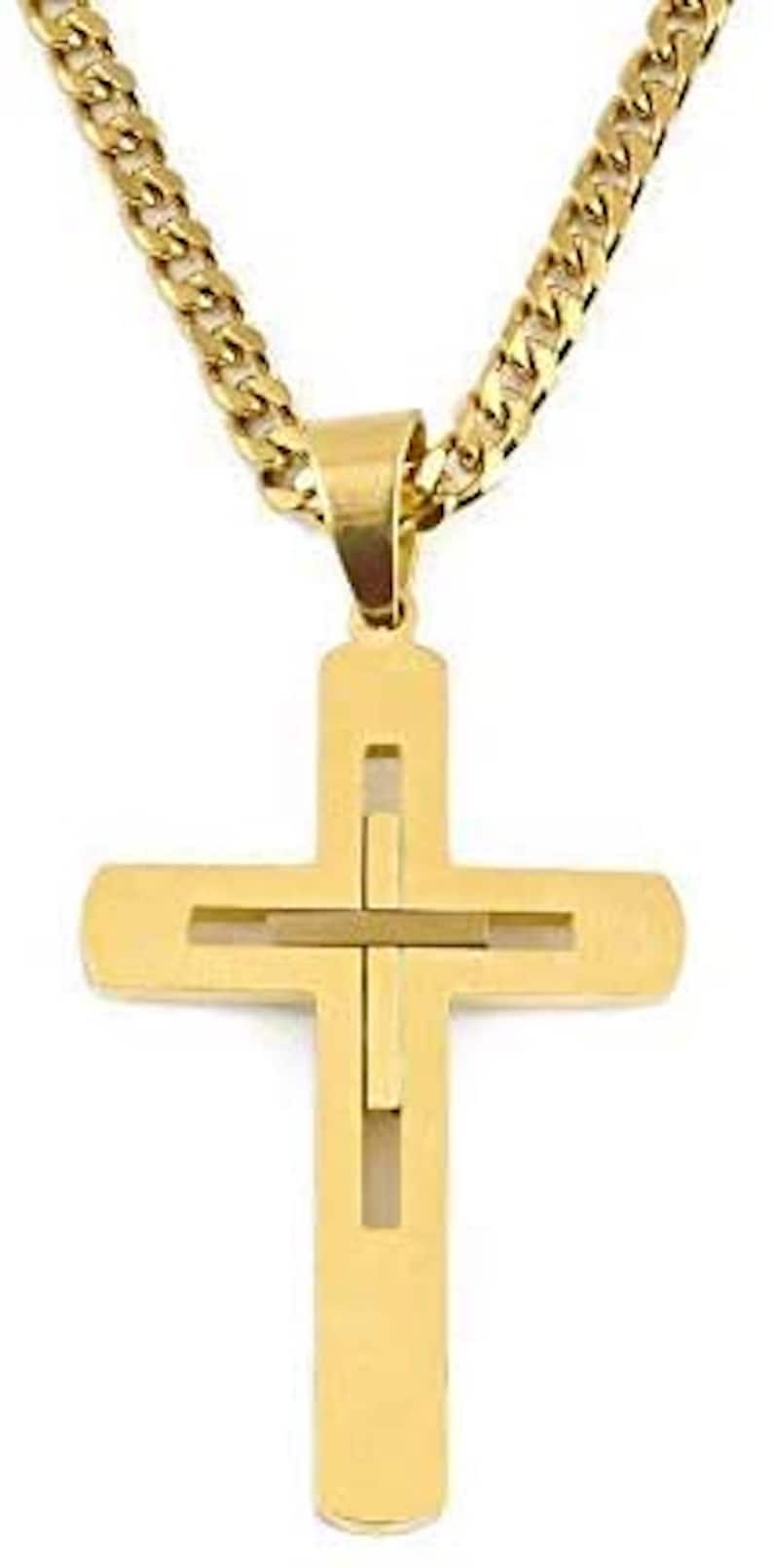 Mens 24k Gold Cross Chain, Gold Cuban Chain Cross Pendant, Mens Cross Necklace, Gold Chain