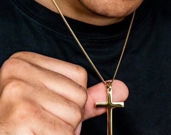 Men 24k Gold Cross Chain, Everyday Men Cross Necklace, Catholic Necklace, Crucifix Necklace, Cuban Link Chain, Cuban Cross Necklace