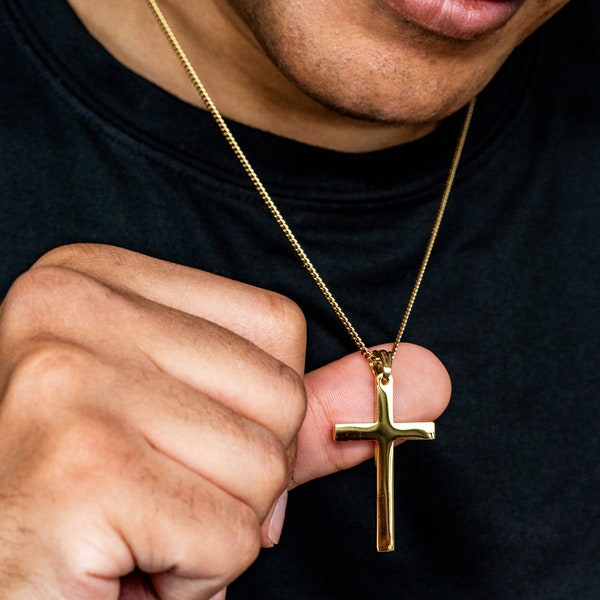Men 24k Gold Cross Chain, Everyday Men Cross Necklace, Catholic Necklace, Crucifix Necklace, Cuban Link Chain, Cuban Cross Necklace