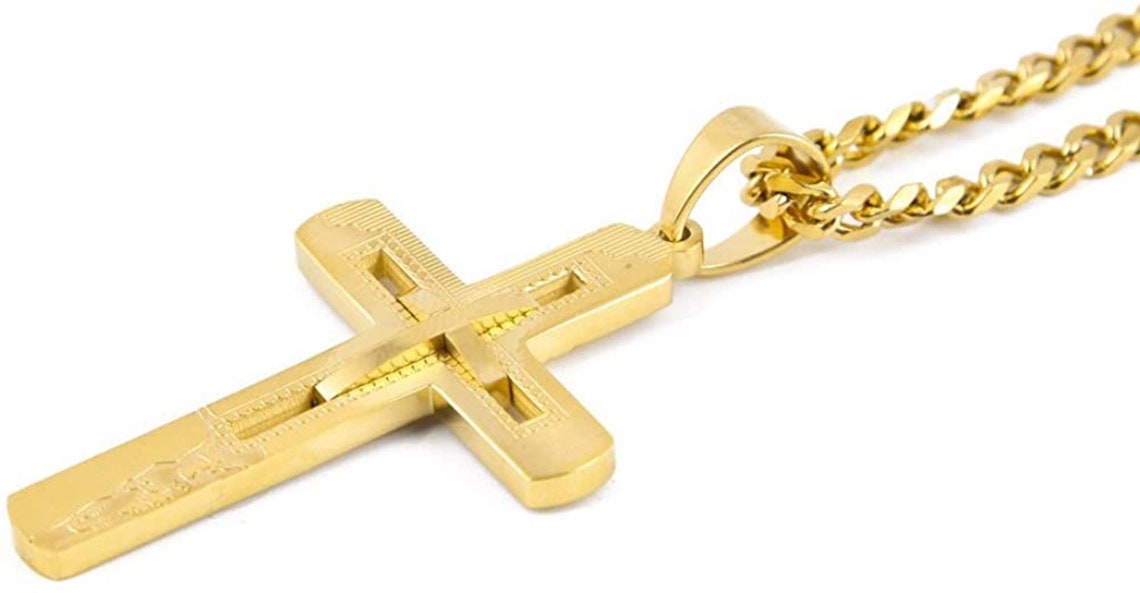 Mens 24k Gold Cross Chain, Gold Cuban Chain Cross Pendant, Mens Cross