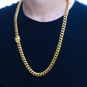 Chaîne à maillons cubains pour hommes, chaîne à maillons en or 14 mm, collier chaîne en or 24 carats, collier à maillons cubains, collier Hip Hop, chaîne Miami, chaîne épaisse pour hommes