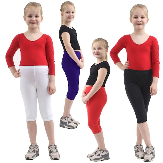 Kids Girls Cropped Cotton Leggings 3/4 Length Flexible Basic Plain