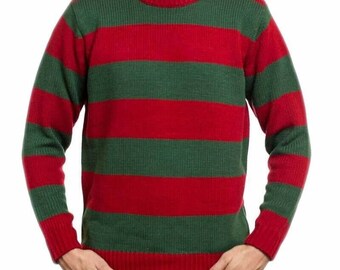Men's New Freddy Red/Green Striped Jumper Kruger Halloween Fancy Dress