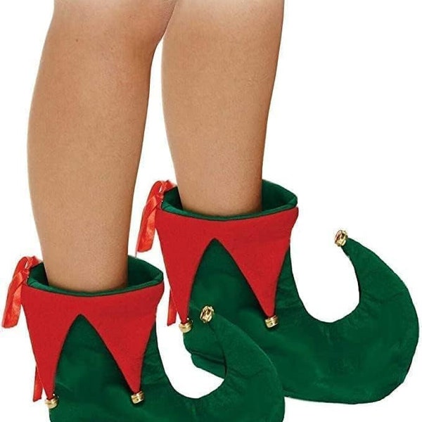 Chaussures d'elfe de noël unisexes de luxe pour adultes, avec cloches, bottes elfe vert rouge Jester Pixie | Accessoire Jester Peter Pan du Père Noël