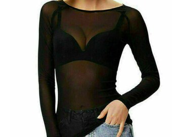 Sheer Mesh Top, Fitted Long Sleeve, Full soft Stretchy Elegant see-through Top, Top Women, T-Shirt Tops