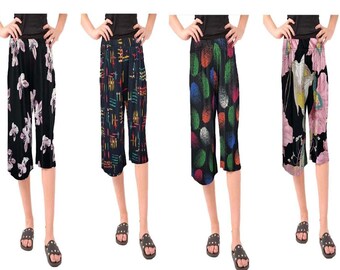 Women's 3/4 Cropped Printed Palazzo Ladies Florescent Neon Palazzo Trouser Shorts UK-8-26