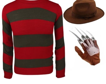 Freddy Krueger Burnet Man Costume Hand Claw Hat & Stripped Jumper Fancy Dress