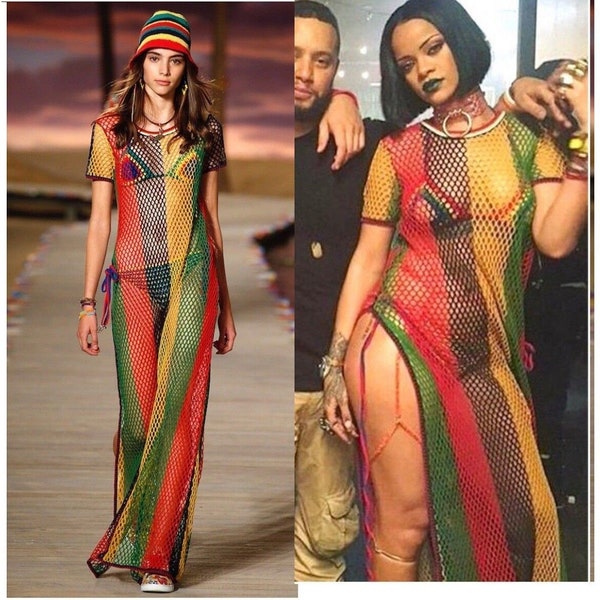 Rasta-Multi colors Rihanna work, mesh maxi dress, Side Slit Ladies, Summer Dress